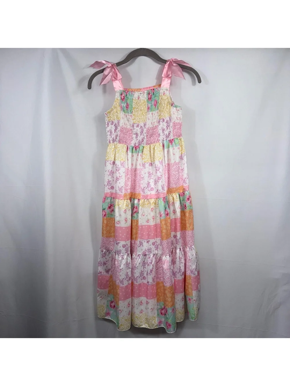 SHEIN Girls Size 11Y Patchwork Floral Tiered Maxi Dress Pink Bow Straps